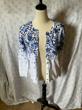 Karen Scott Blue and White Floral Jersey Cardigan